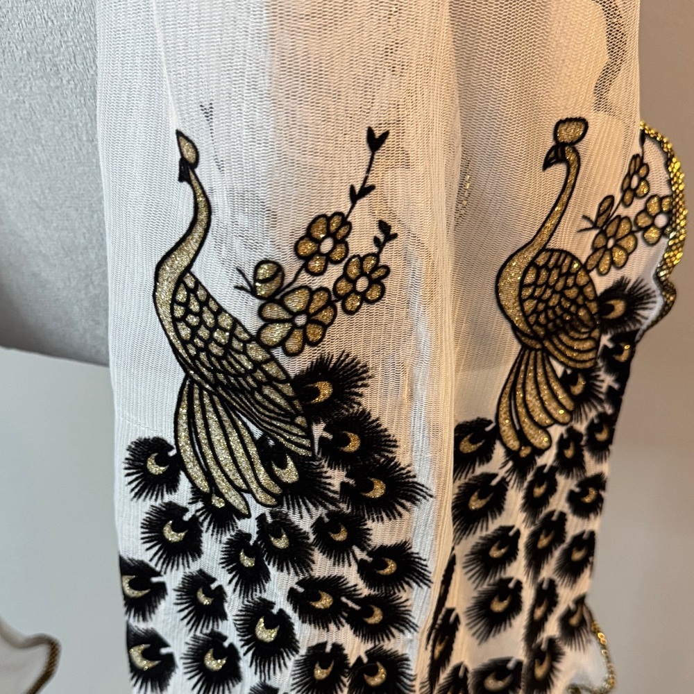 Sheer White Gold embellished Peacock Scarf NEW
